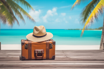 vintage suitcase, hipster hat on wooden deck. Tropical sea, beach and palm three in background