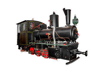 Old black steam locomotive isolated on a white background.