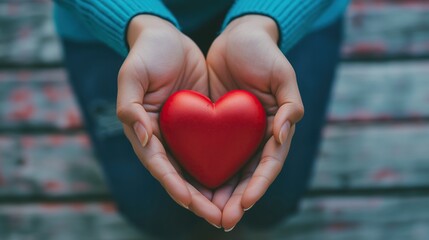 Hands holding red heart, heart health insurance, organ donation, world heart day, world health day. Copy space. - obrazy, fototapety, plakaty