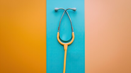 Top view photo of yellow stethoscope on isolated pastel colorful background with copy space.
