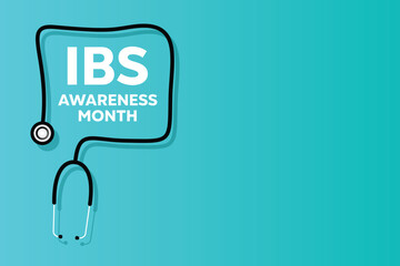 IBS (Irritable Bowel Syndrome) Awareness Month. Bowel shaped stestoscope and area for text. Great for Cards, banners, posters, social media and more. Easy green background.