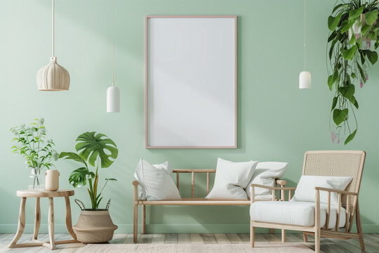 Fototapeta Frame Mockup, Picture frame template/mockup in an modern green pastel colored living room. Photoframe Mock-up background.Modern interior design.