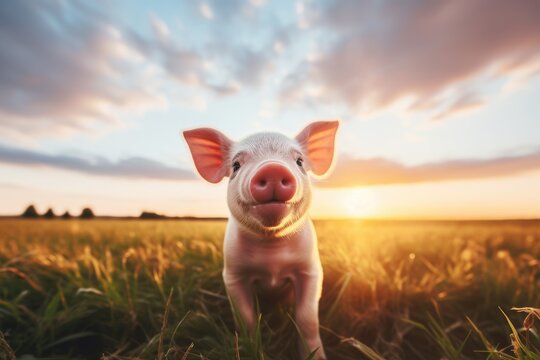 Happy piglets playing on the field, young funny pig on the farm. Vegan and vegetarian. Organic farming and agriculture, livestock. Animal health and exotic pet concept