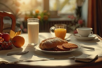 Free photo continental breakfast with croissant, Fruits and milk welcomes the morning.  - Powered by Adobe