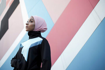 woman in a pink hijab and black jacket stands before a colorful geometric patterned wall