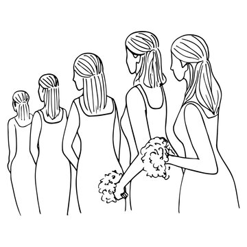 bridesmaids standing in a row looking in one direction with bouquets in their hands - hand drawn linear wedding illustration