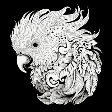 Cockatoo Mandala Style Illustration, black and white
