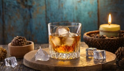 glass of whiskey with ice