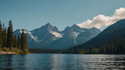 crystal-clear lake, mountain lake reflecting the cloud-streaked sky,towering mountains in the background