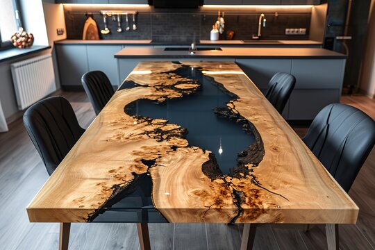 Wooden table with epoxy river inlay