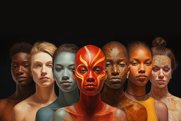 Global diversity of Human Identities concept art, human face paintings, Drawings of different tribes around the world, A group of people representing their traditions and cultures in Different eras - obrazy, fototapety, plakaty