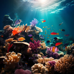 Fototapeta na wymiar Underwater scene with colorful coral reefs and fishes