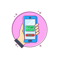 Payment with credit card concept illustration. Mobile banking app and e-payment. Hand holding phone to pay using credit card money