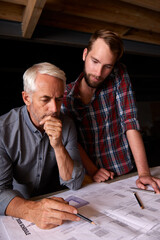 Engineer, team and men with blueprint, thinking or plan for construction with serious father...