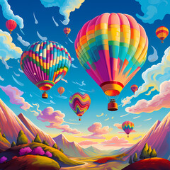 Vibrant hot air balloons against a blue sky.