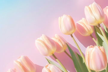 Beautiful bouquet of tulip flowers on pastel sunlit background with shadow.