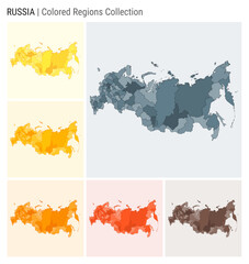 Russia map collection. Country shape with colored regions. Blue Grey, Yellow, Amber, Orange, Deep Orange, Brown color palettes. Border of Russia with provinces for your infographic.