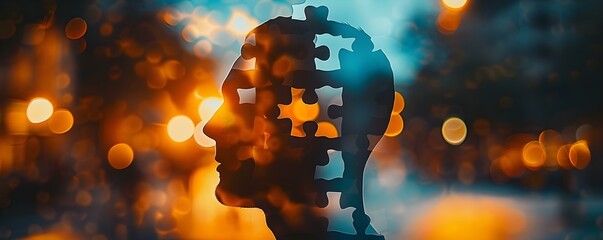 Abstract representation of the human mind using a puzzle piece and silhouette. Concept Abstract Art, Human Mind, Puzzle Piece, Silhouette, Representation - obrazy, fototapety, plakaty