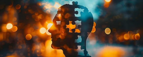 Fotobehang Abstract representation of the human mind using a puzzle piece and silhouette. Concept Abstract Art, Human Mind, Puzzle Piece, Silhouette, Representation © Ян Заболотний