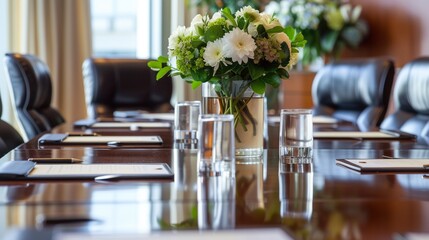 A polished conference table adorned with fresh flowers and elegant tableware, ready for a high-level business luncheon or executive meeting. - obrazy, fototapety, plakaty