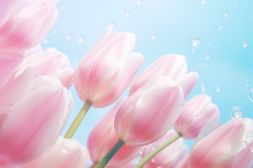 Spring floral composition made of beautiful pink tulip flowers closeup. Nature concept