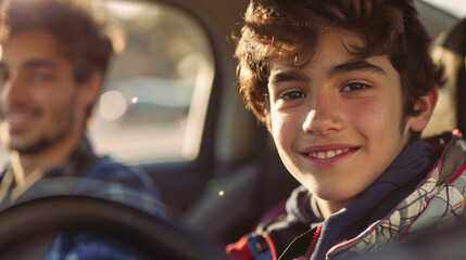 A young man driving a car. Training at a driving school.