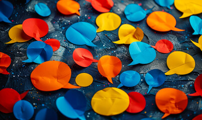 Multicolored paper speech bubbles scattered on a dark textured background, symbolizing diverse communication, social media dialogue, and community engagement