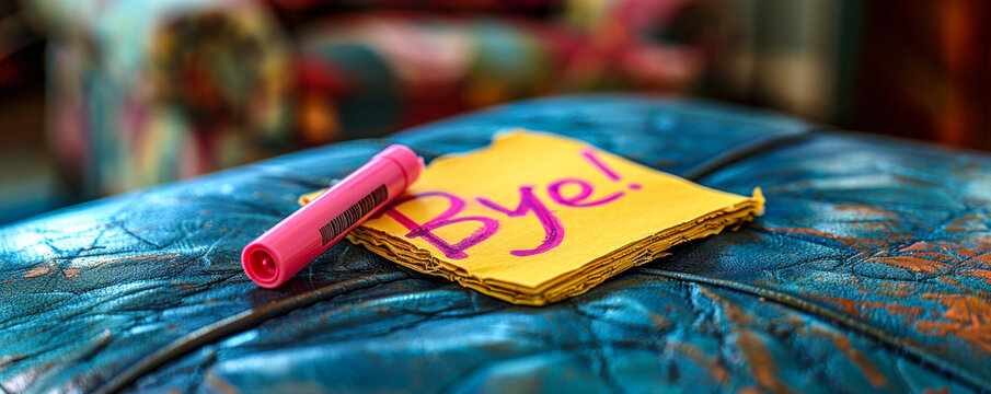 Handwritten Bye! farewell message on a yellow sticky note with pink marker, symbolizing parting, goodbyes, end of communication, or leaving