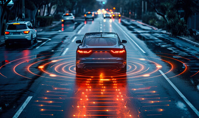 High-tech autonomous car with activated safety systems visualized by glowing lines and grids on a wet urban street, symbolizing advanced driver assistance