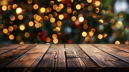 Christmas and New year background with empty dark wooden deck table over , blurred light bokeh. Empty display for product montage , - obrazy, fototapety, plakaty
