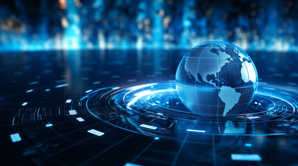 Blue Planet Earth and Space with Global Technology Network, Binary Code, and Digital Design Illumination