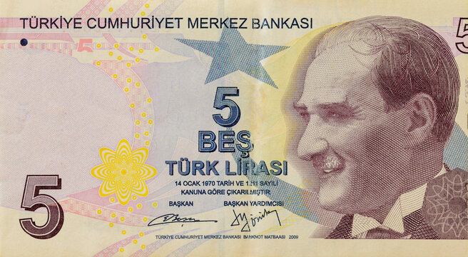 Turkish money five lira banknotes national currency banknote front view
