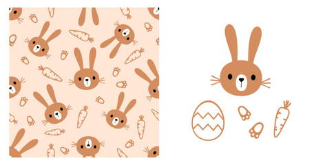 Seamless pattern with brown bunny rabbit cartoons, carrot and foot prints on orange background. Easter icon set vector.