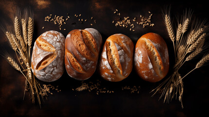 Various types of bread and wheat ears on a dark background. Top view.