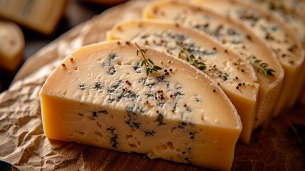 Cheese collection, pieces of French gorgonzola cheese with thyme close up