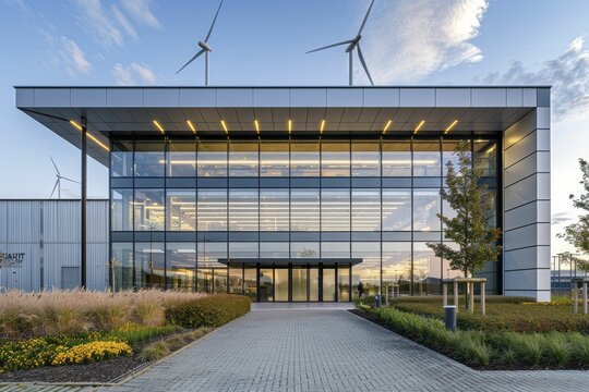 The energy-efficient factory exterior integrates wind turbines and optimized orientation to lessen its environmental footprint.