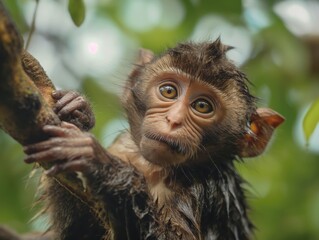 A curious baby monkey, with wide, captivating eyes, clings to a tree branch in a lush forest setting.