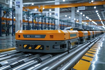 Fototapeta premium Utilizing autonomous material handling vehicles boosts factory efficiency by reducing manual labor and enhancing workflow.