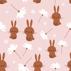 Seamless pattern with bunny rabbit cartoons and daisy flower on pink background vector.