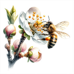 An illustration of a bee collecting nectar from a blossom, rendered in watercolor style.