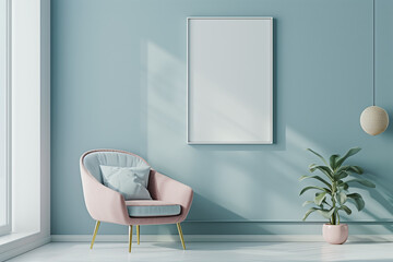 Frame Mockup, Picture frame template/mockup in an modern blue pastel colored living room. Photoframe Mock-up background.Modern interior design.