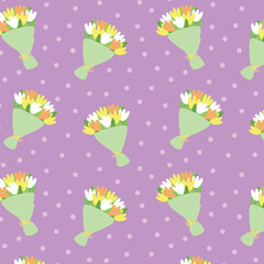 Floral seamless pattern. Pattern with flowers, spring tulips bouquet on lilac backgorund vector illustration.