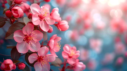 Gordijnen Blossoming branch of sakura on a blue background with bokeh © Виктория Дутко