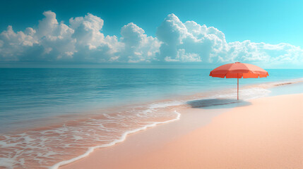 Beautiful tropical beach with a red umbrella on the sand. 