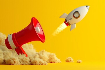 Rocket and red megaphone on yellow background, startup and marketing concept