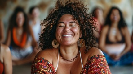 In the midst of laughter yoga, a vibrant, plump woman exudes warmth and positivity - obrazy, fototapety, plakaty