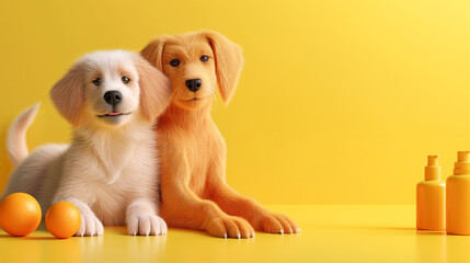 Playful Dogs with Health Supplements on Vibrant Yellow Background - Holistic pet care and veterinary health supplements for happy pets advertising banner with copy space