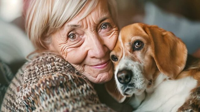 Cheerful elderly woman with wrinkles smiles as she cuddles a beagle and enjoys pets at home