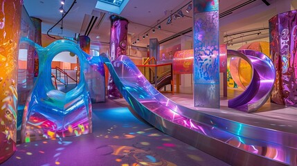 Bursting with color, a dynamic kids' play zone featuring twisting tunnels, bouncing bridges, and a...