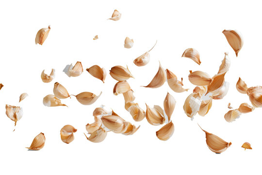 garlic cloves jumping in the air after being cut, creating a whimsical and lively scene.